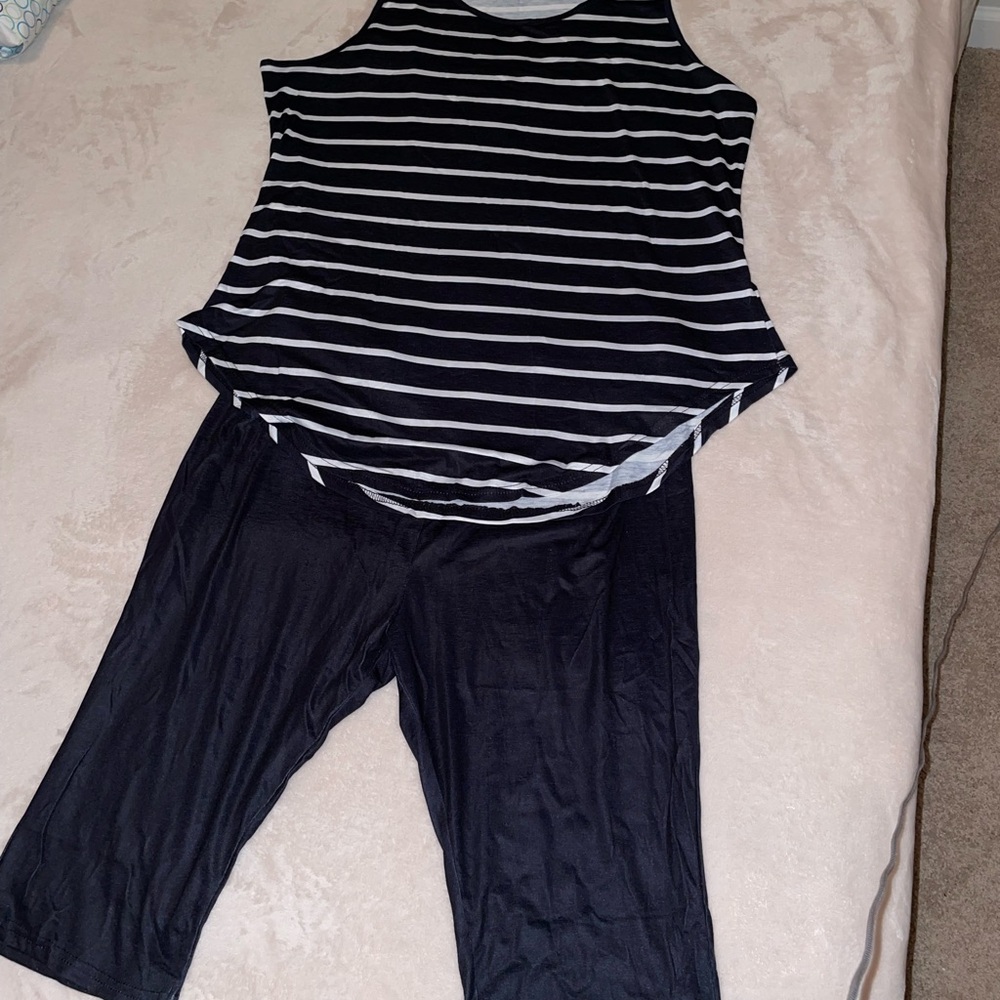 Black and White Striped Tunic Top with Black Shorts